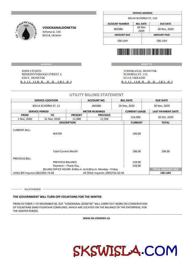 Ukraina Vodokanal Donieck (Донецькмиськводоканал) szablon rachunku za media w formacie Word i PDF